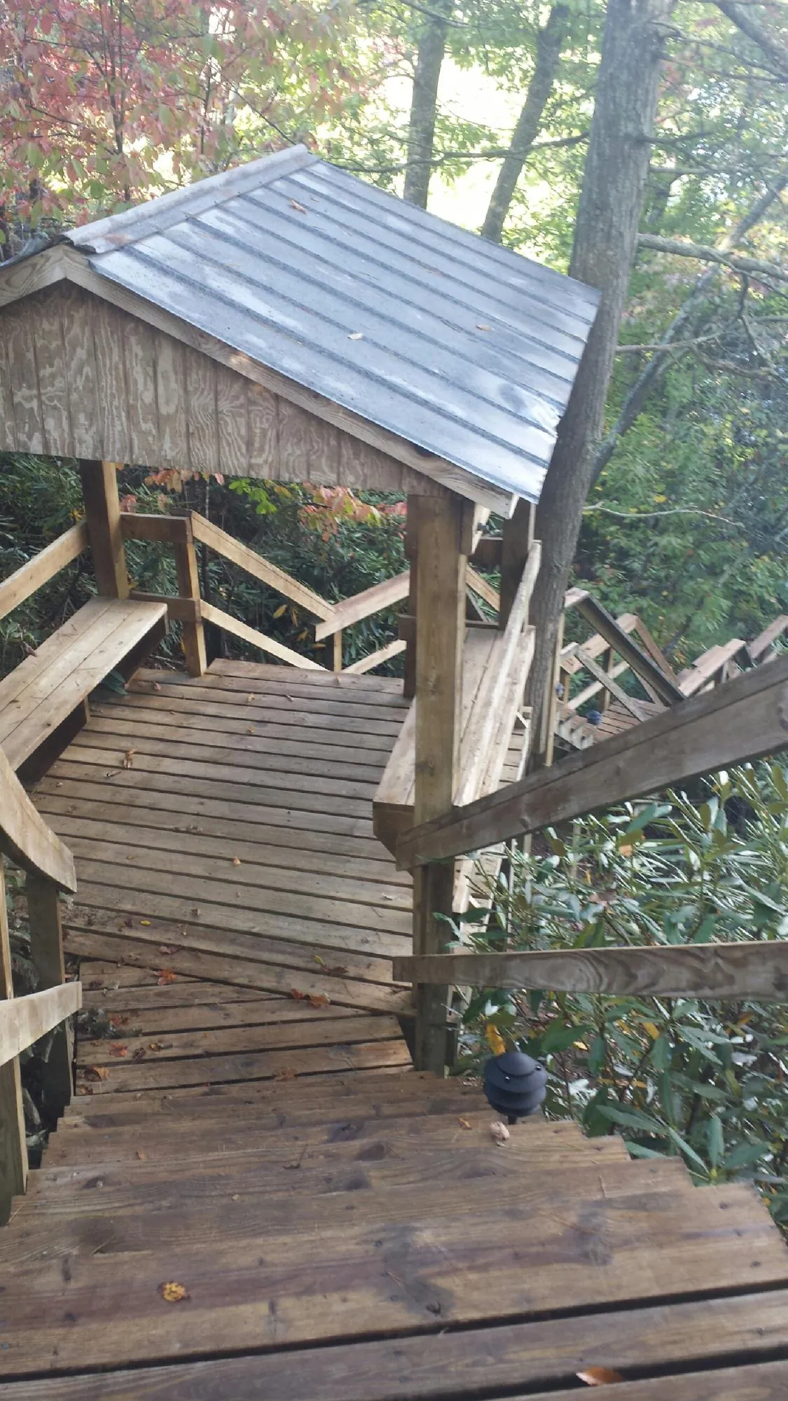 Metal roofed shelter over wooden steps on a wooded walkway — Skylight Repair & Installation work by our crew in Donaldson